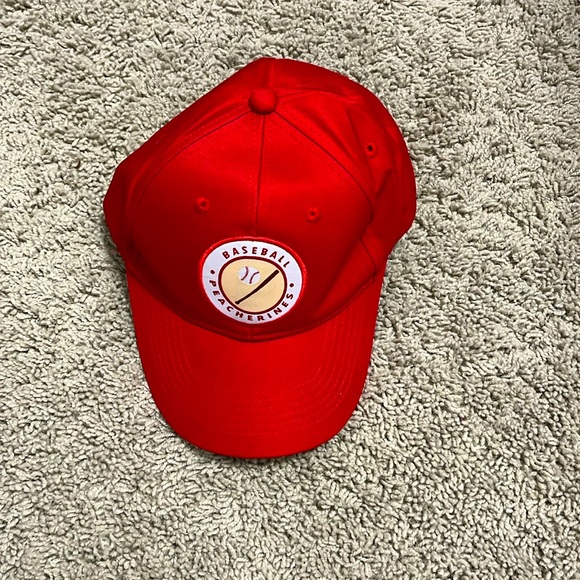 Red Baseball Cap Hat Strap Back Unisex with logo on front Peacherines NEW, - Picture 1 of 4